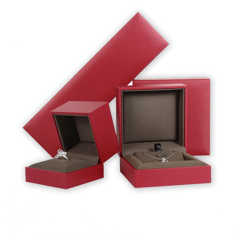 Hot sale New style red leatherette paper box with plastic wrap velvet ring pendant bracelet necklace custom 
 packing box