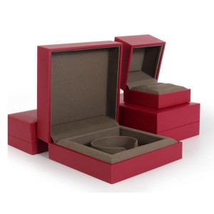 Hot sale New style red leatherette paper box with plastic wrap velvet ring pendant bracelet necklace custom 
 packing box