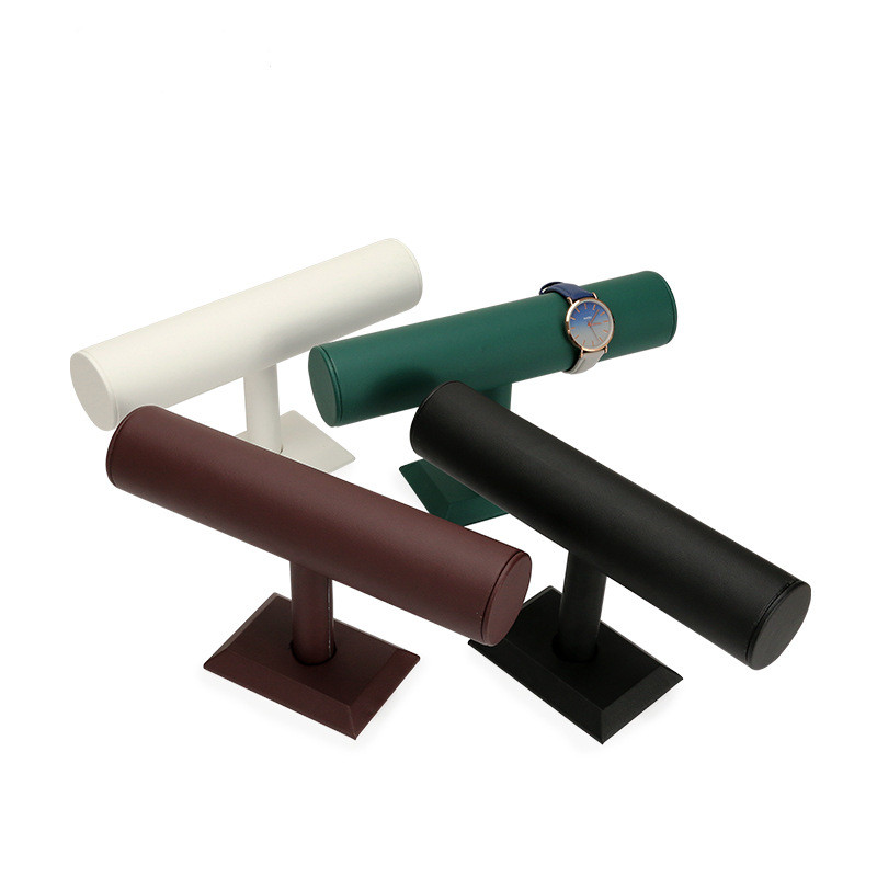 Custom Double T bar green color jewelry roller display PU Leather stand velvet jewelry display for watch necklace 