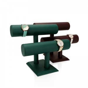 Custom Double T bar green color jewelry roller display PU Leather stand velvet jewelry display for watch necklace 