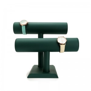 Custom Double T bar green color jewelry roller display PU Leather stand velvet jewelry display for watch necklace 